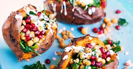 Crispy sweet potatoes with chickpeas & tahini yogurt recipe