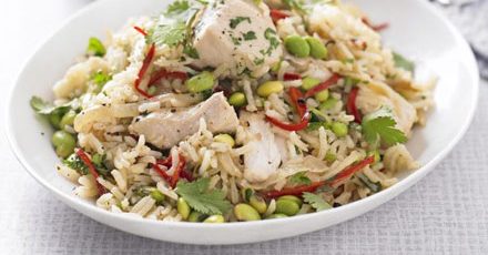 Hen, edamame & ginger pilaf recipe